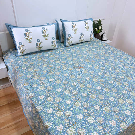 Ramya Hand Block Soft Cotton Bedsheet with 2 Pillow Covers  Neel
