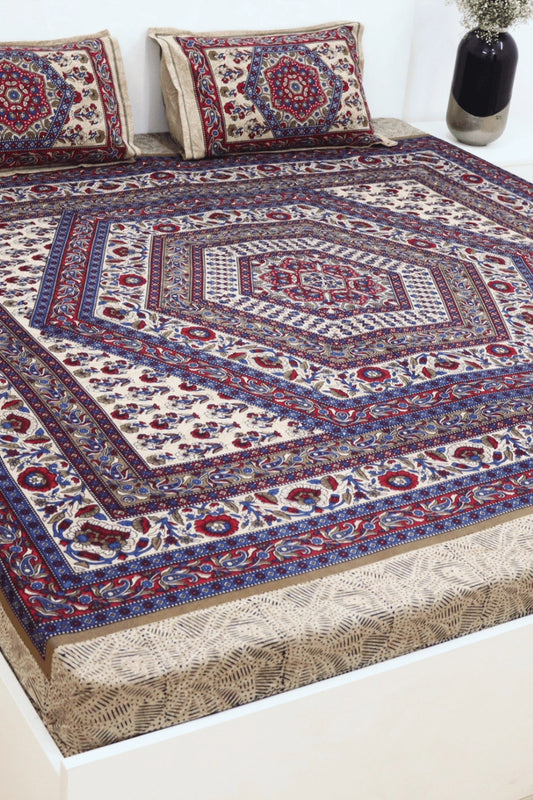 Mandala Cotton Bedsheet with 2 Pillow Covers Double Bed size Blue Red
