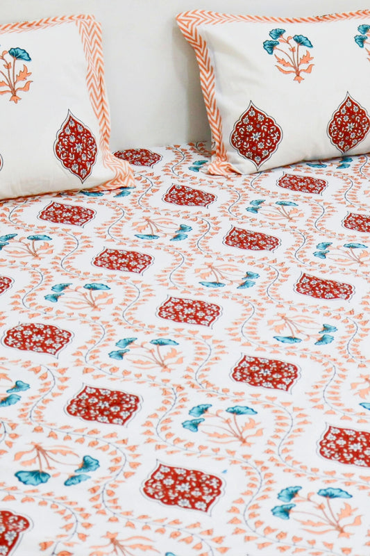 Mughal Garden Cotton Bedsheet with 2 Pillow Covers King size Peach