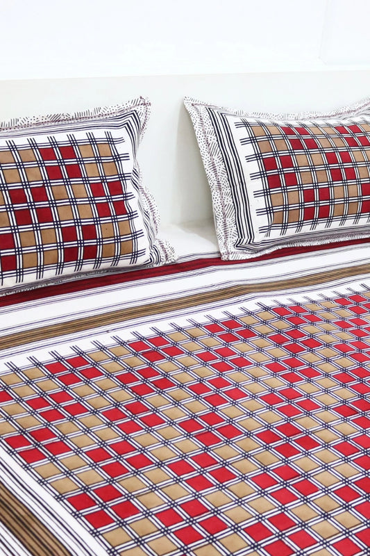 Hand Block Cotton Bedsheet with 2 Pillow Covers Double Bed size Red Brown