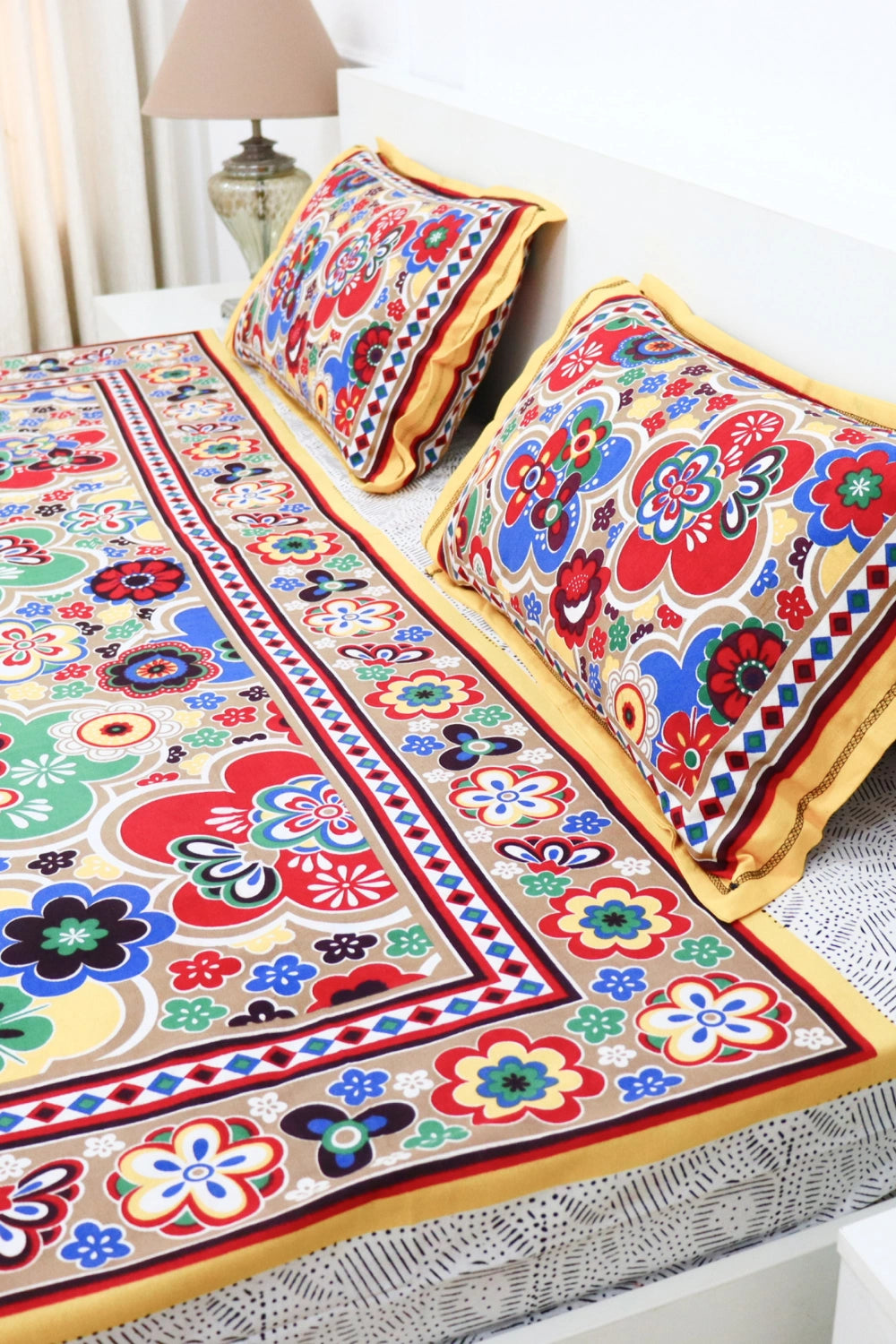 Hand Block Cotton Bedsheet with 2 Pillow Covers Double Bed size Multi Color