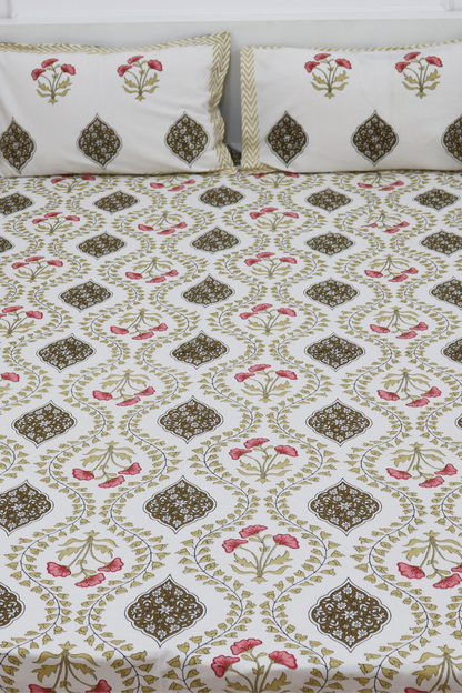 Mughal Garden Cotton Bedsheet with 2 Pillow Covers King size Mustard