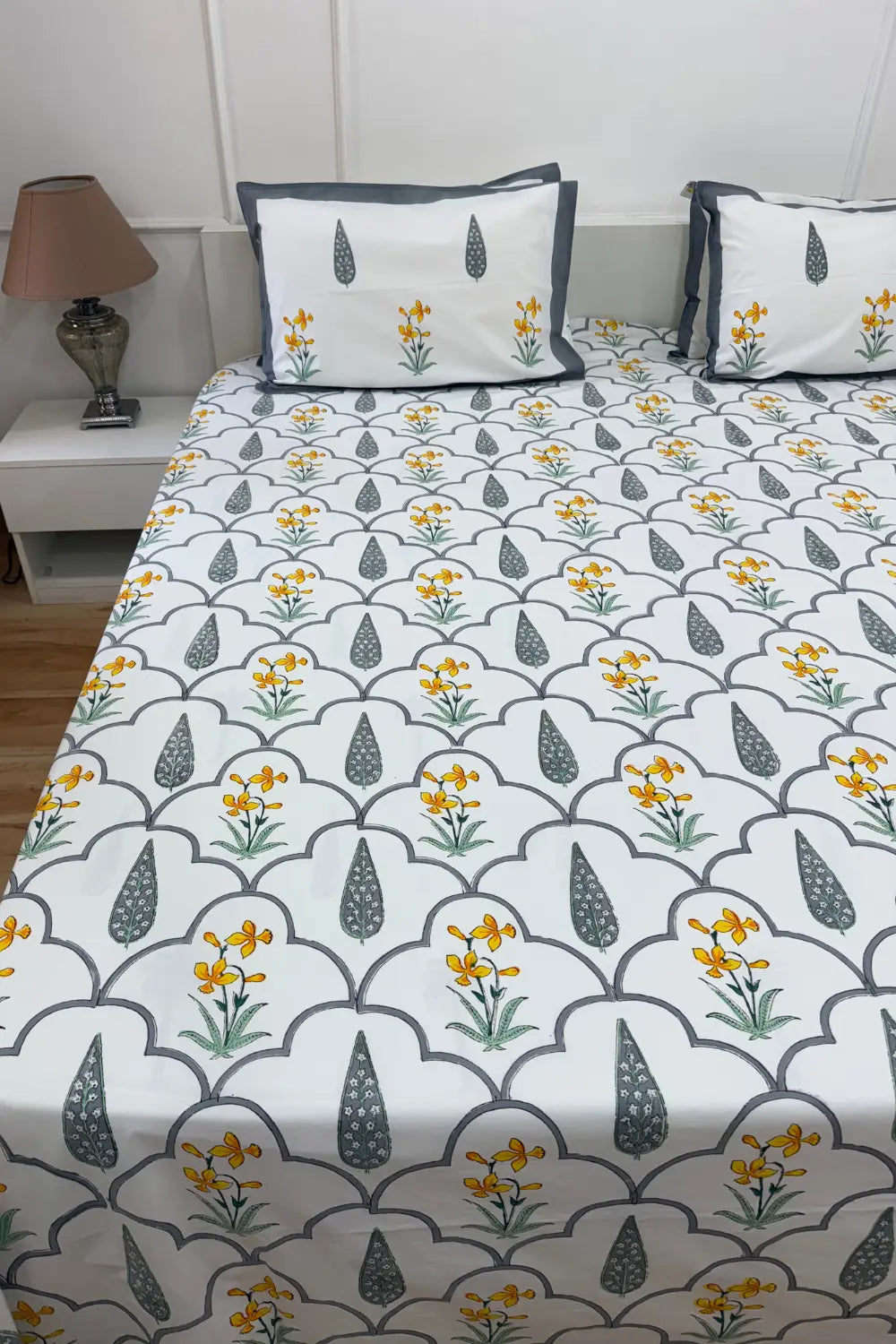 Ramya Hand Block Soft Cotton Bedsheet with 2 Pillow Covers Grey and Yellow