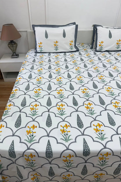 Ramya Hand Block Soft Cotton Bedsheet with 2 Pillow Covers Grey and Yellow