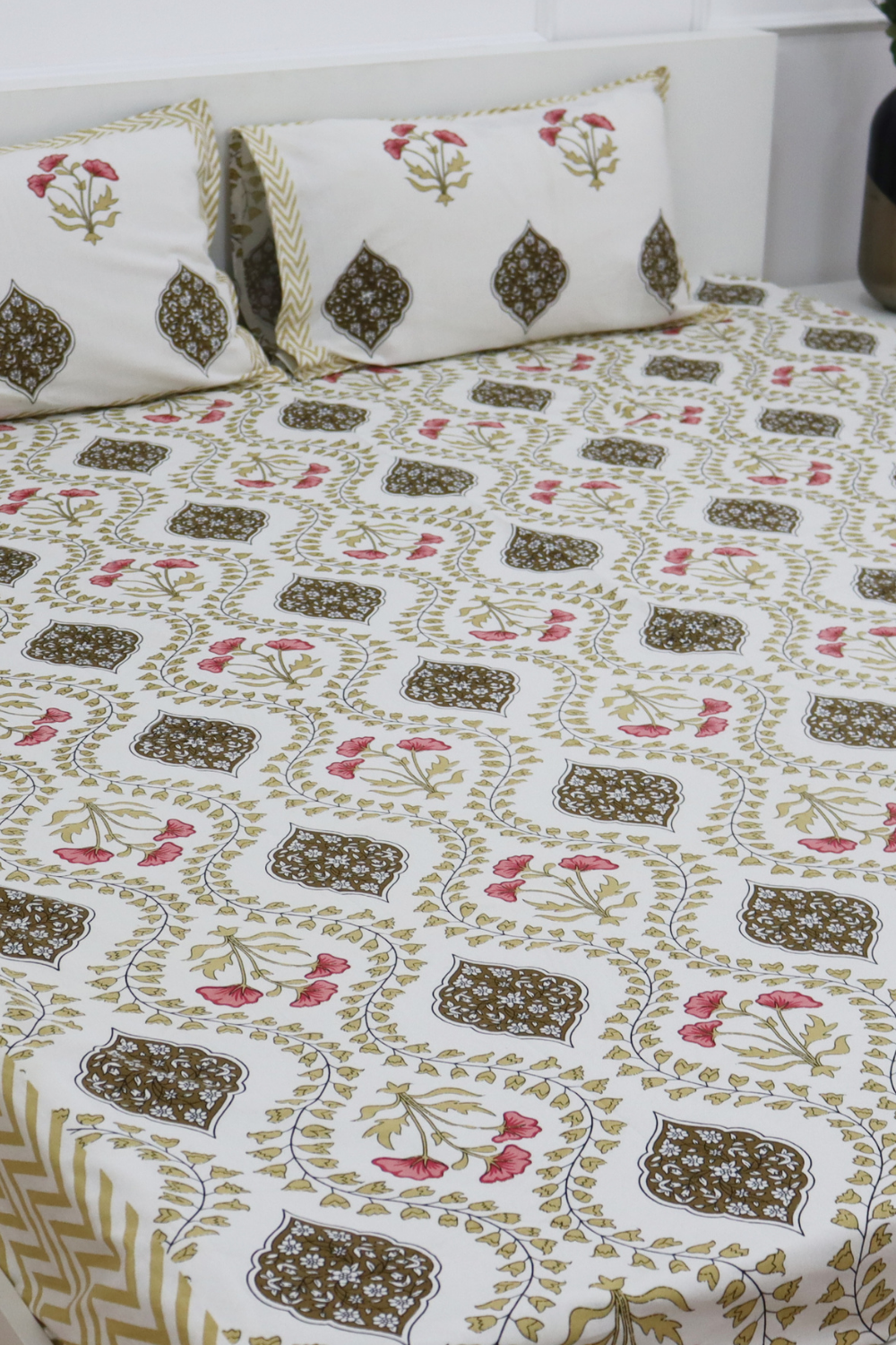Mughal Garden Cotton Bedsheet with 2 Pillow Covers King size Mustard