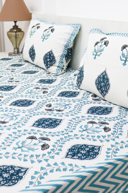 Mughal Garden Cotton Bedsheet with 2 Pillow Covers King size Blue