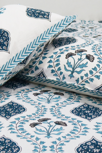 Mughal Garden Cotton Bedsheet with 2 Pillow Covers King size Blue