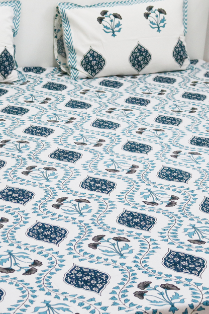 Mughal Garden Cotton Bedsheet with 2 Pillow Covers King size Blue
