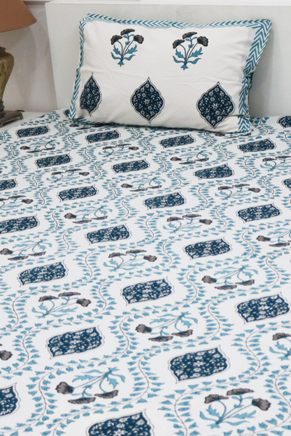 Mughal Garden Cotton Bedsheet with 2 Pillow Covers King size Blue