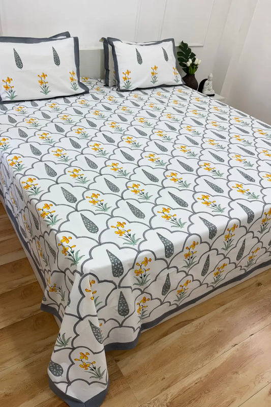 Ramya Hand Block Soft Cotton Bedsheet with 2 Pillow Covers Grey and Yellow
