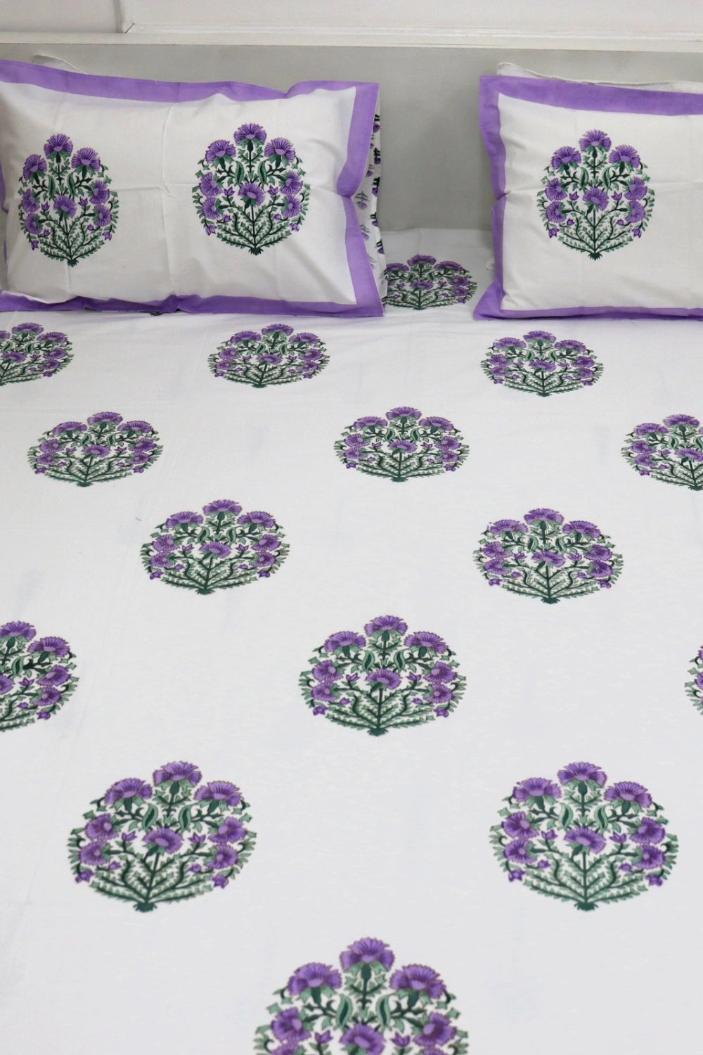 Ramya Hand Block Soft Cotton Bedsheet with 2 Pillow Covers 108*108 inches Purple