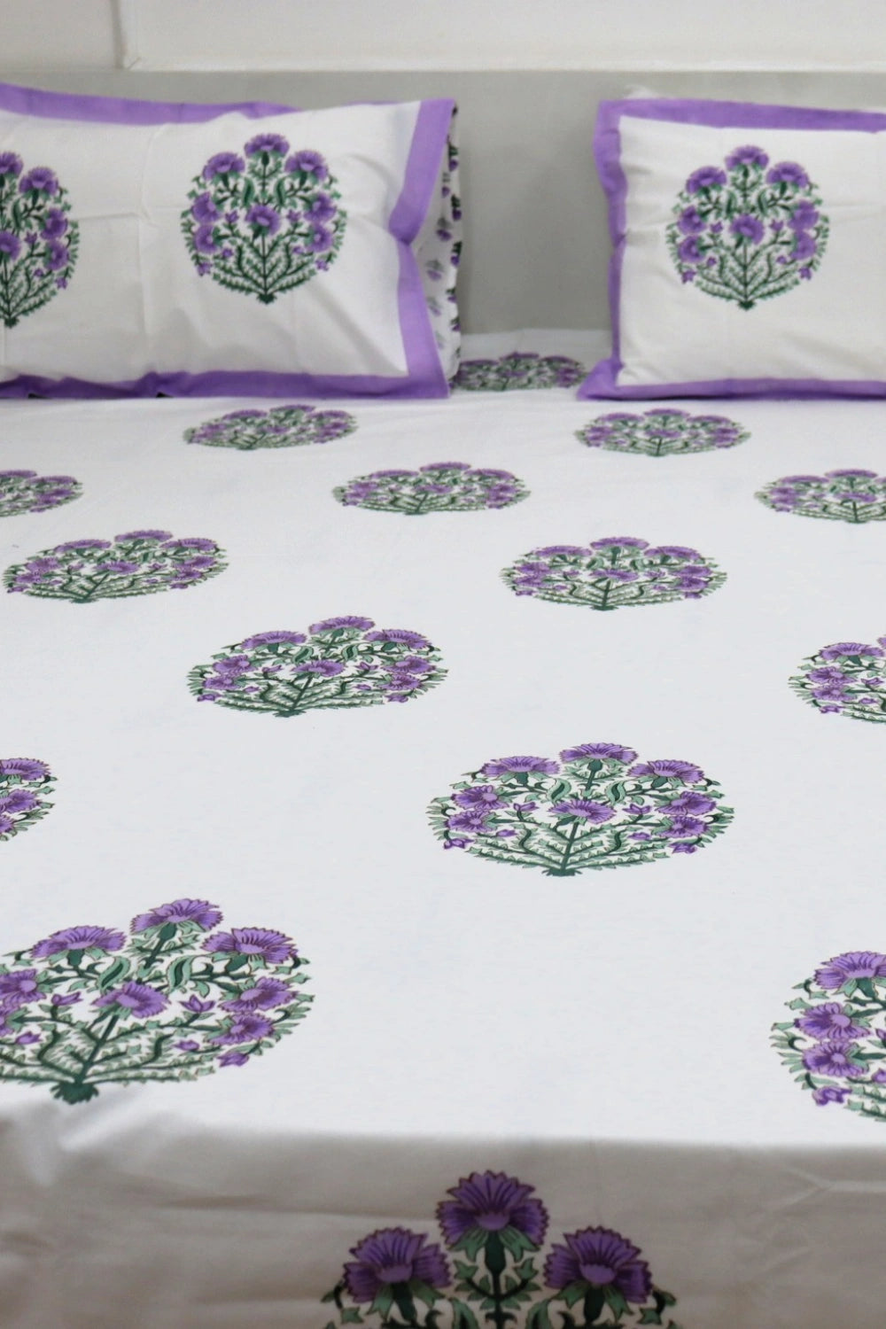 Ramya Hand Block Soft Cotton Bedsheet with 2 Pillow Covers 108*108 inches Purple