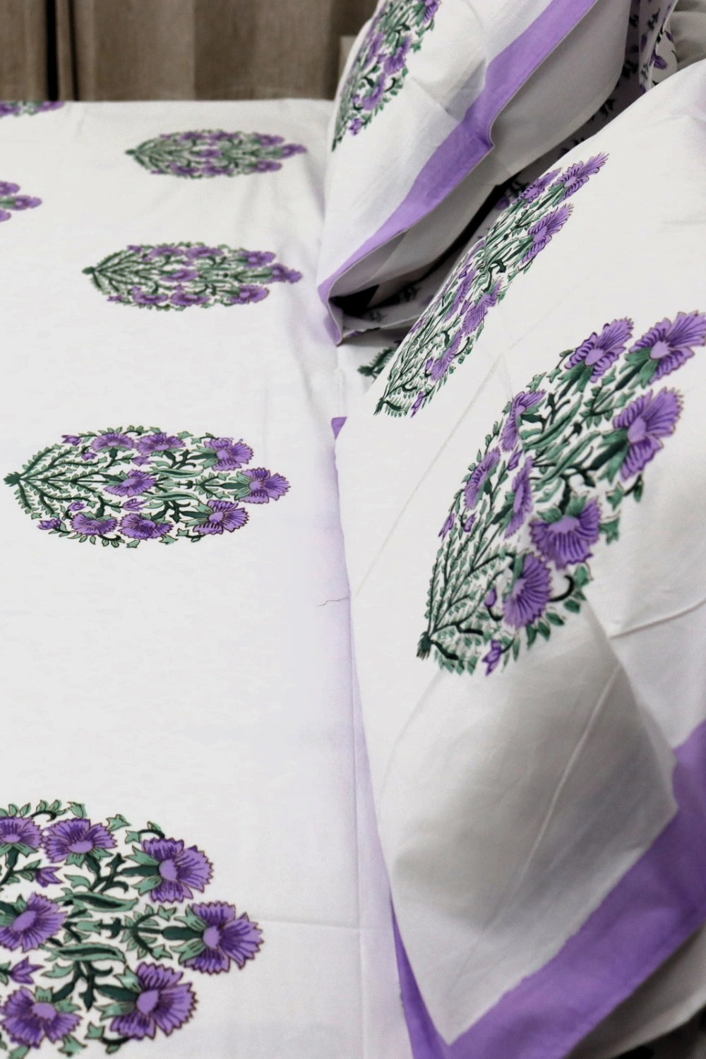 Ramya Hand Block Soft Cotton Bedsheet with 2 Pillow Covers 108*108 inches Purple