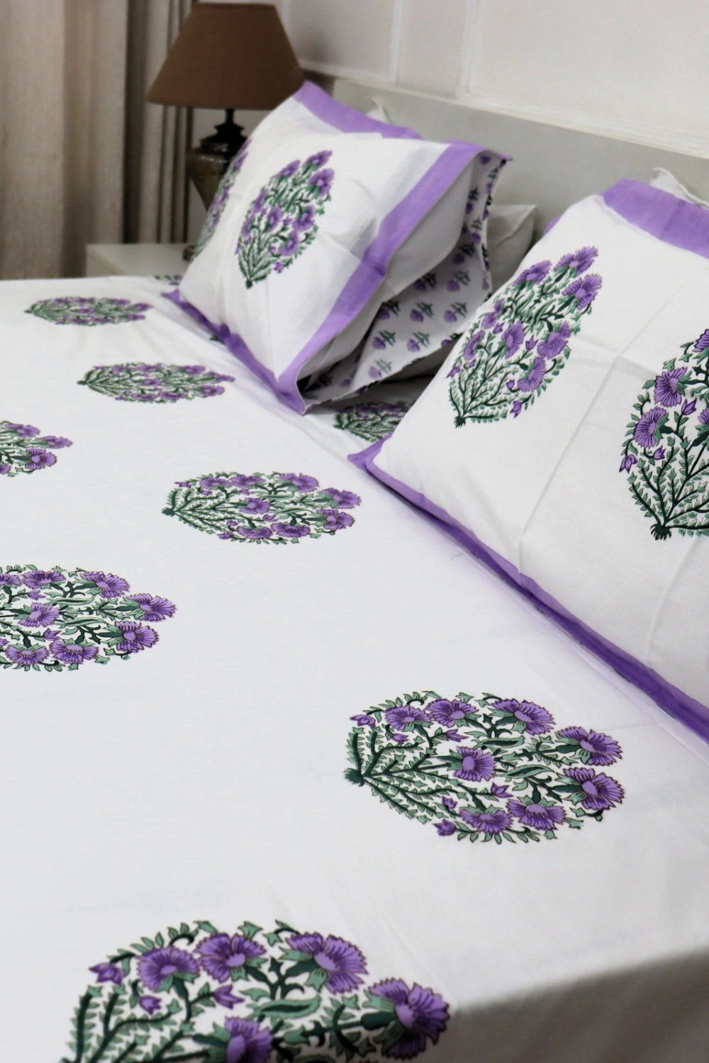 Ramya Hand Block Soft Cotton Bedsheet with 2 Pillow Covers 108*108 inches Purple