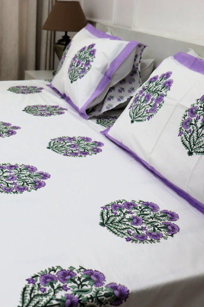 Ramya Hand Block Soft Cotton Bedsheet with 2 Pillow Covers 108*108 inches Purple