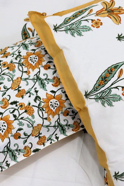 Ramya Hand Block Soft Cotton Bedsheet with 2 Pillow Covers 108*108 inches Yellow
