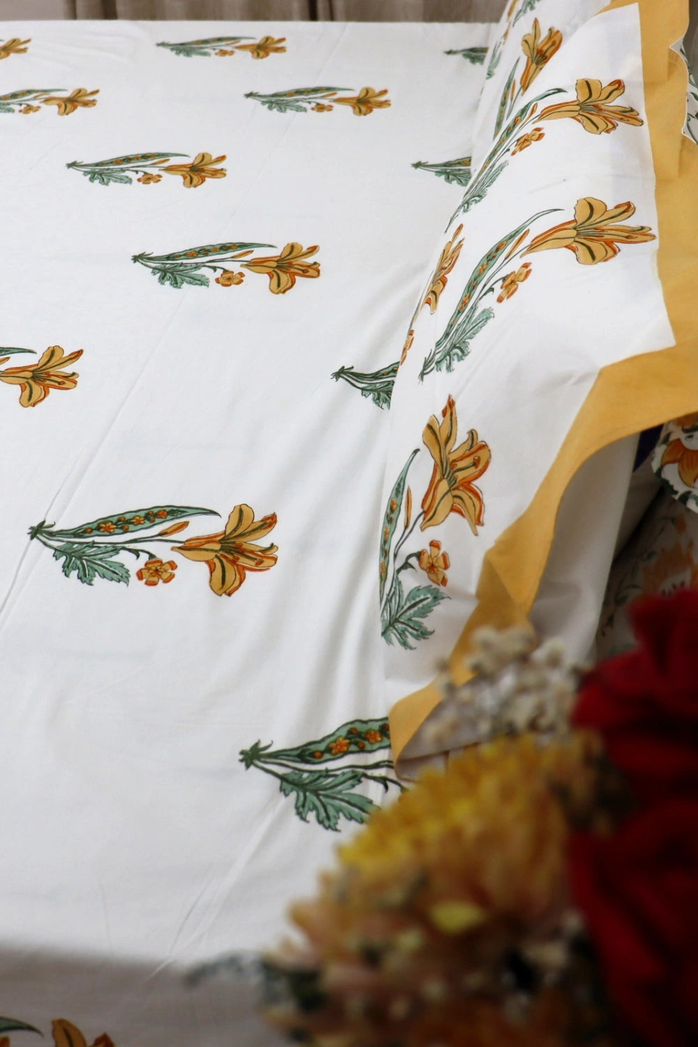 Ramya Hand Block Soft Cotton Bedsheet with 2 Pillow Covers 108*108 inches Yellow