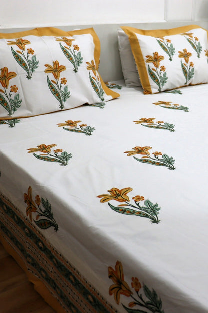 Ramya Hand Block Soft Cotton Bedsheet with 2 Pillow Covers 108*108 inches Yellow