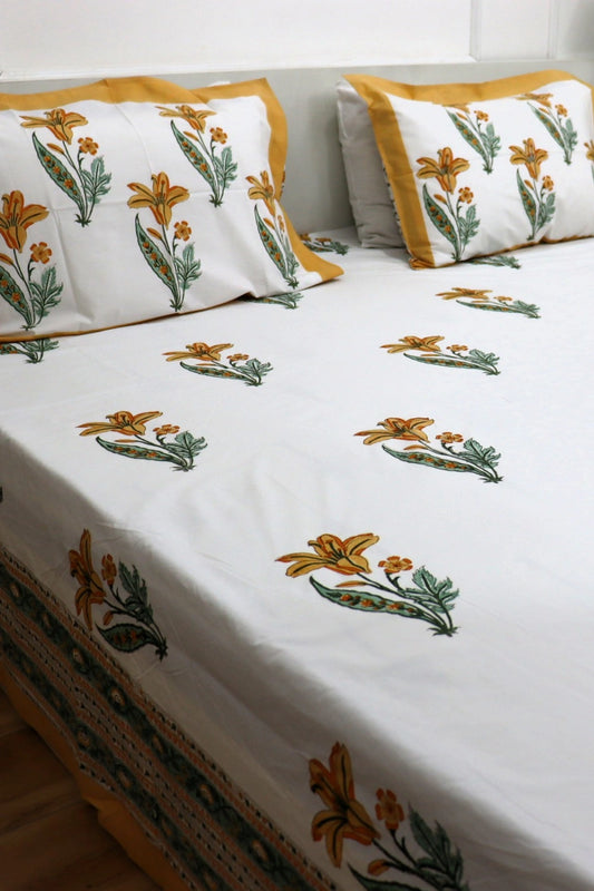 Ramya Hand Block Soft Cotton Bedsheet with 2 Pillow Covers 108*108 inches Yellow