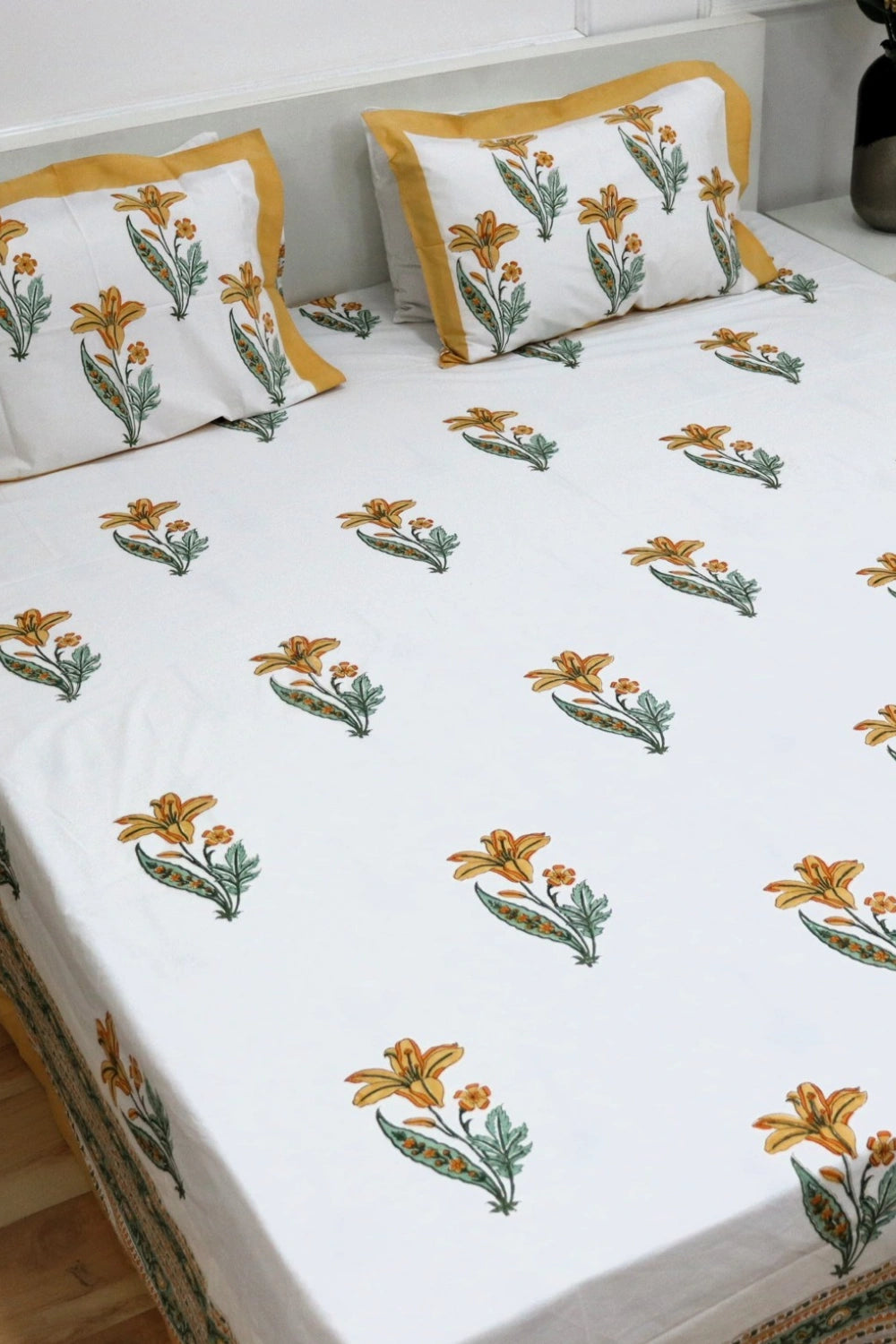 Ramya Hand Block Soft Cotton Bedsheet with 2 Pillow Covers 108*108 inches Yellow