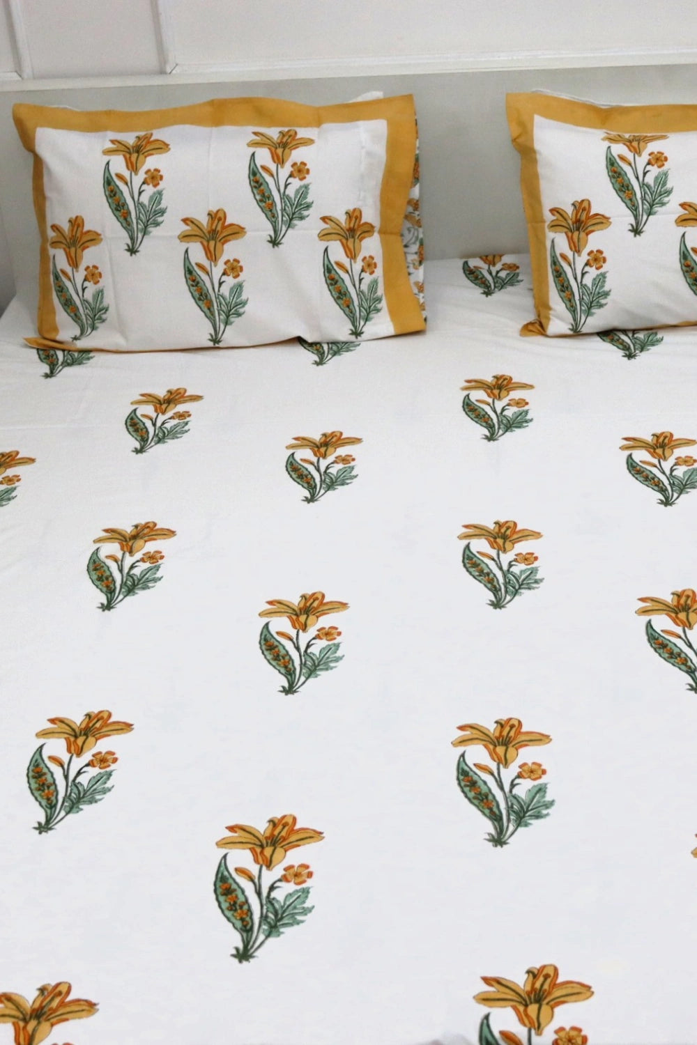 Ramya Hand Block Soft Cotton Bedsheet with 2 Pillow Covers 108*108 inches Yellow