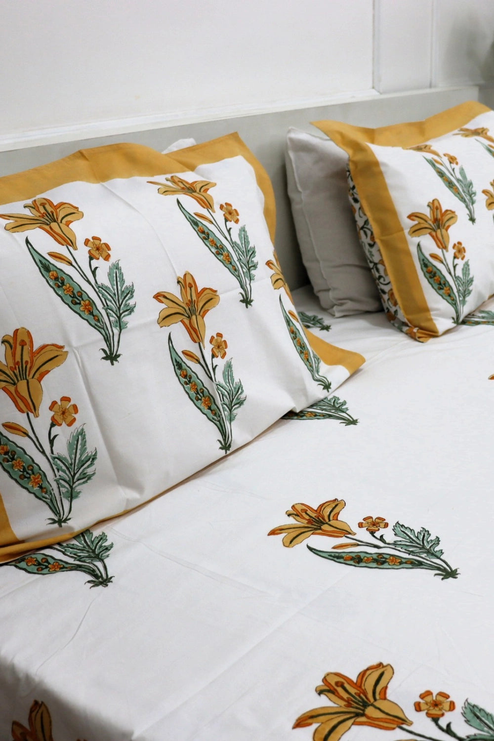 Ramya Hand Block Soft Cotton Bedsheet with 2 Pillow Covers 108*108 inches Yellow