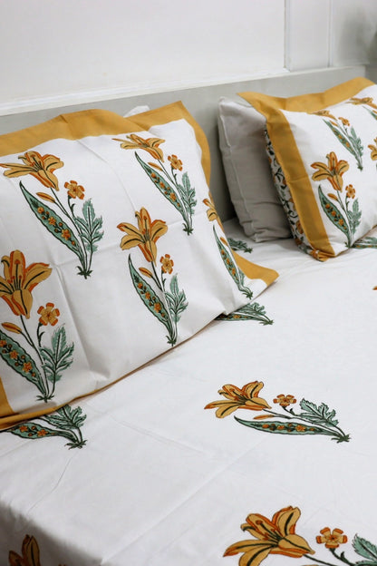 Ramya Hand Block Soft Cotton Bedsheet with 2 Pillow Covers 108*108 inches Yellow