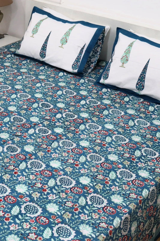Ramya Hand Block Soft Cotton Bedsheet with 2 Pillow Covers 108*108 inches Blue