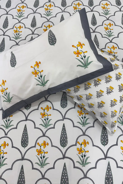 Ramya Hand Block Soft Cotton Bedsheet with 2 Pillow Covers Grey and Yellow
