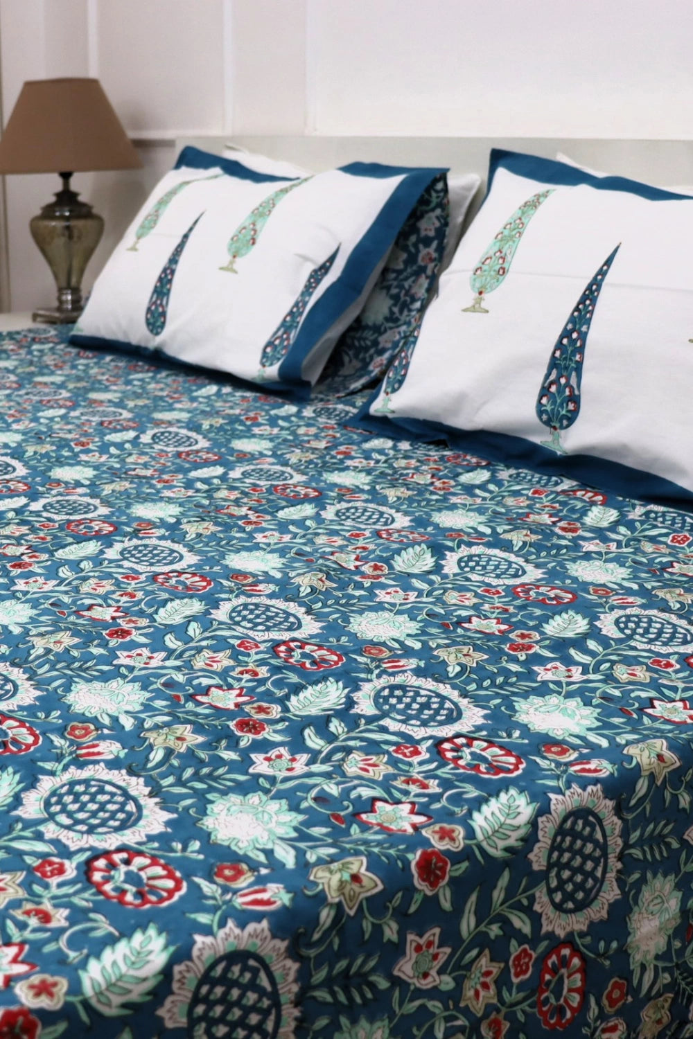Ramya Hand Block Soft Cotton Bedsheet with 2 Pillow Covers 108*108 inches Blue