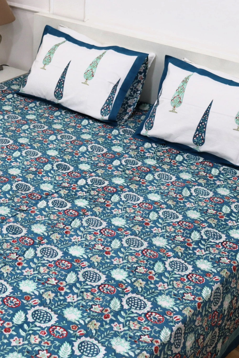 Ramya Hand Block Soft Cotton Bedsheet with 2 Pillow Covers 108*108 inches Blue