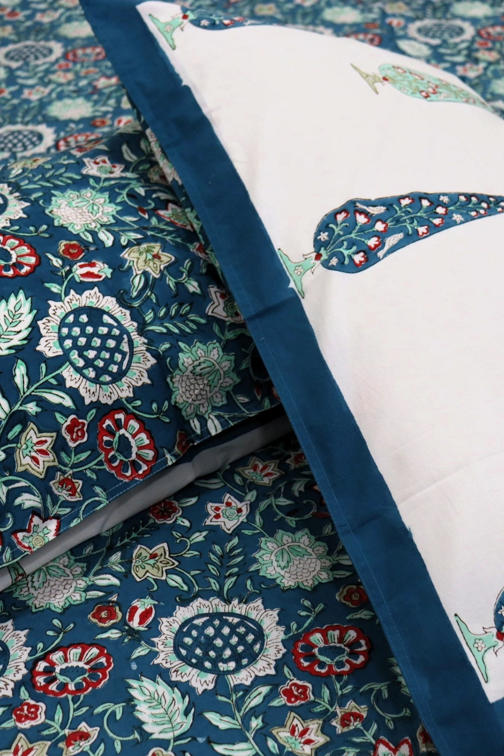 Ramya Hand Block Soft Cotton Bedsheet with 2 Pillow Covers 108*108 inches Blue