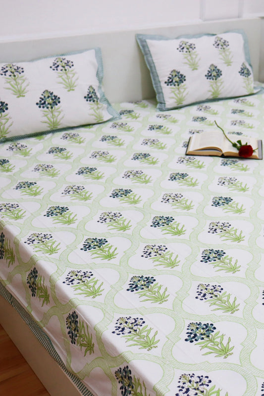 Bagicha Hand Block Soft Cotton Bedsheet with 2 Pillow Covers 90*108 inches Green Blue