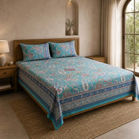 Aqua_Teal_Hand_Block_Print_Cotton_Bedsheet_with_Two_Pillow_Covers