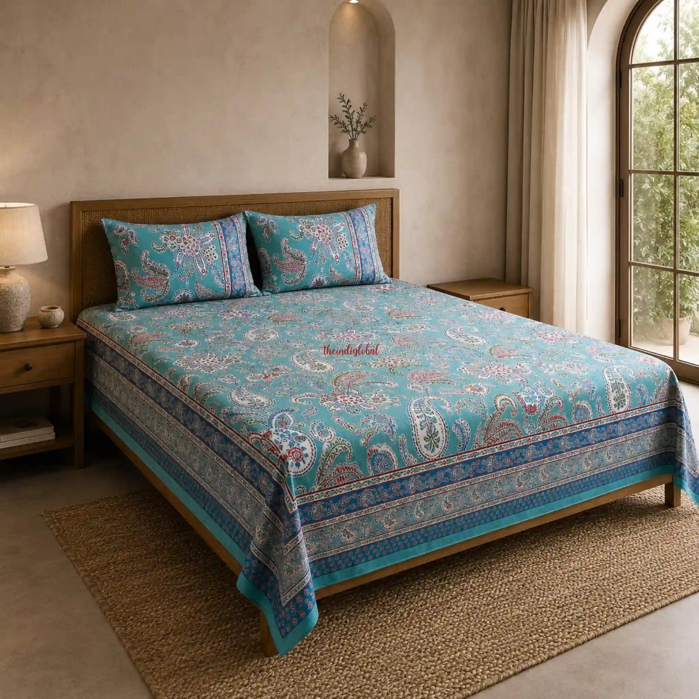 Aqua_Teal_Hand_Block_Print_Cotton_Bedsheet_with_Two_Pillow_Covers