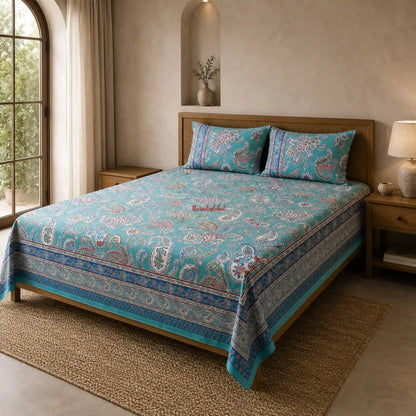 Aqua_Teal_Hand_Block_Print_Cotton_Bedsheet_with_Two_Pillow_Covers2