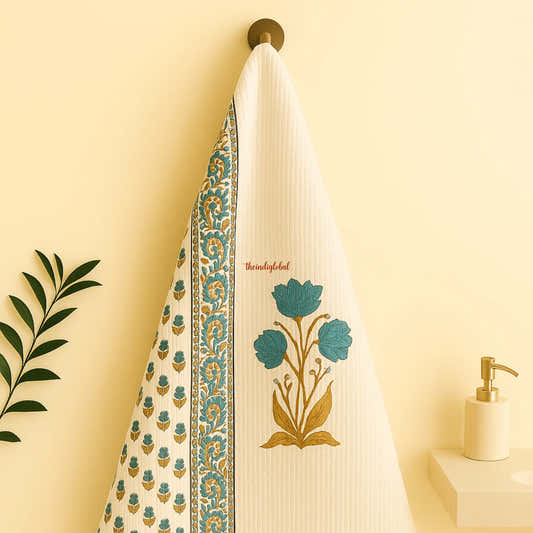 Blue  Scarlet Handblock Waffle Cotton Body Towel 1