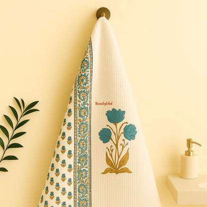 Blue  Scarlet Handblock Waffle Cotton Body Towel 1