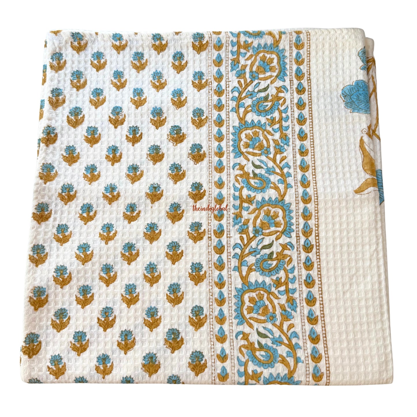 Blue Scarlet Handblock Waffle Cotton Body Towel