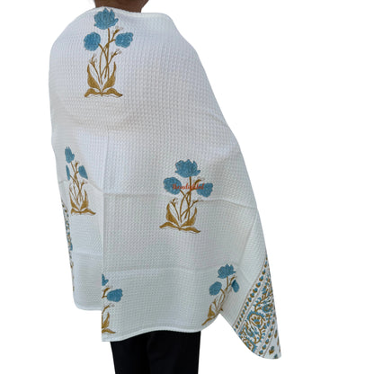 Blue Scarlet Handblock Waffle Cotton Body Towel