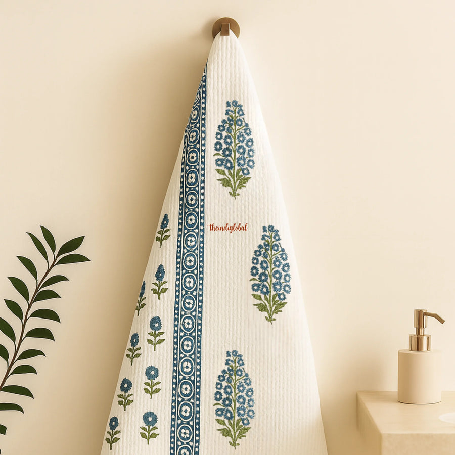 Blue Daisy Handblock Waffle Cotton Body Towel 1