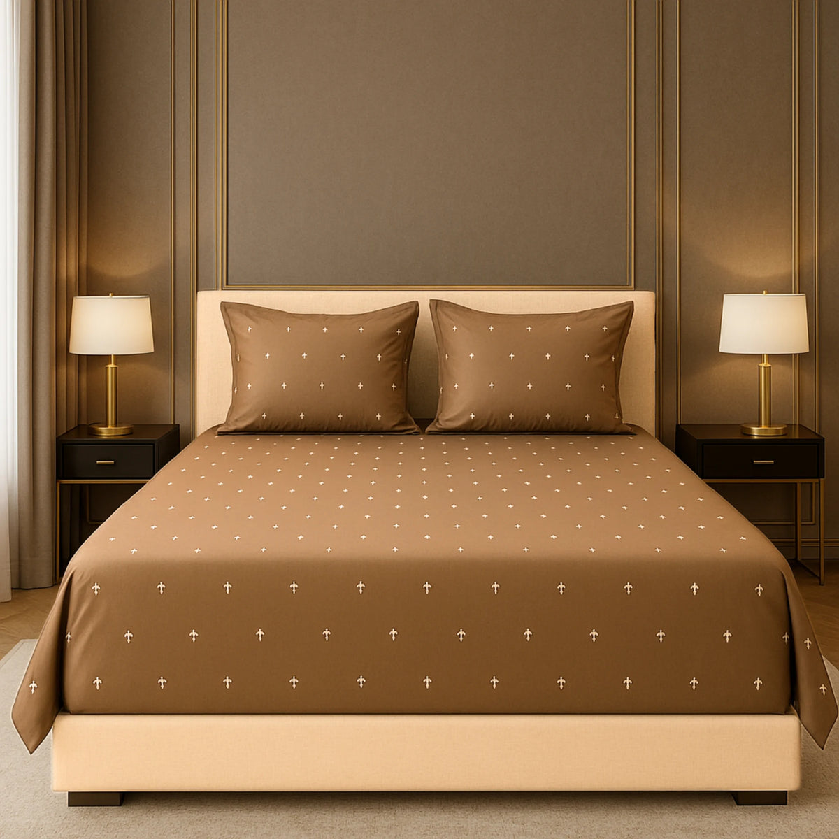 Brown 400TC Percale Hand Embroidered 100 Cotton Bedsheet 1