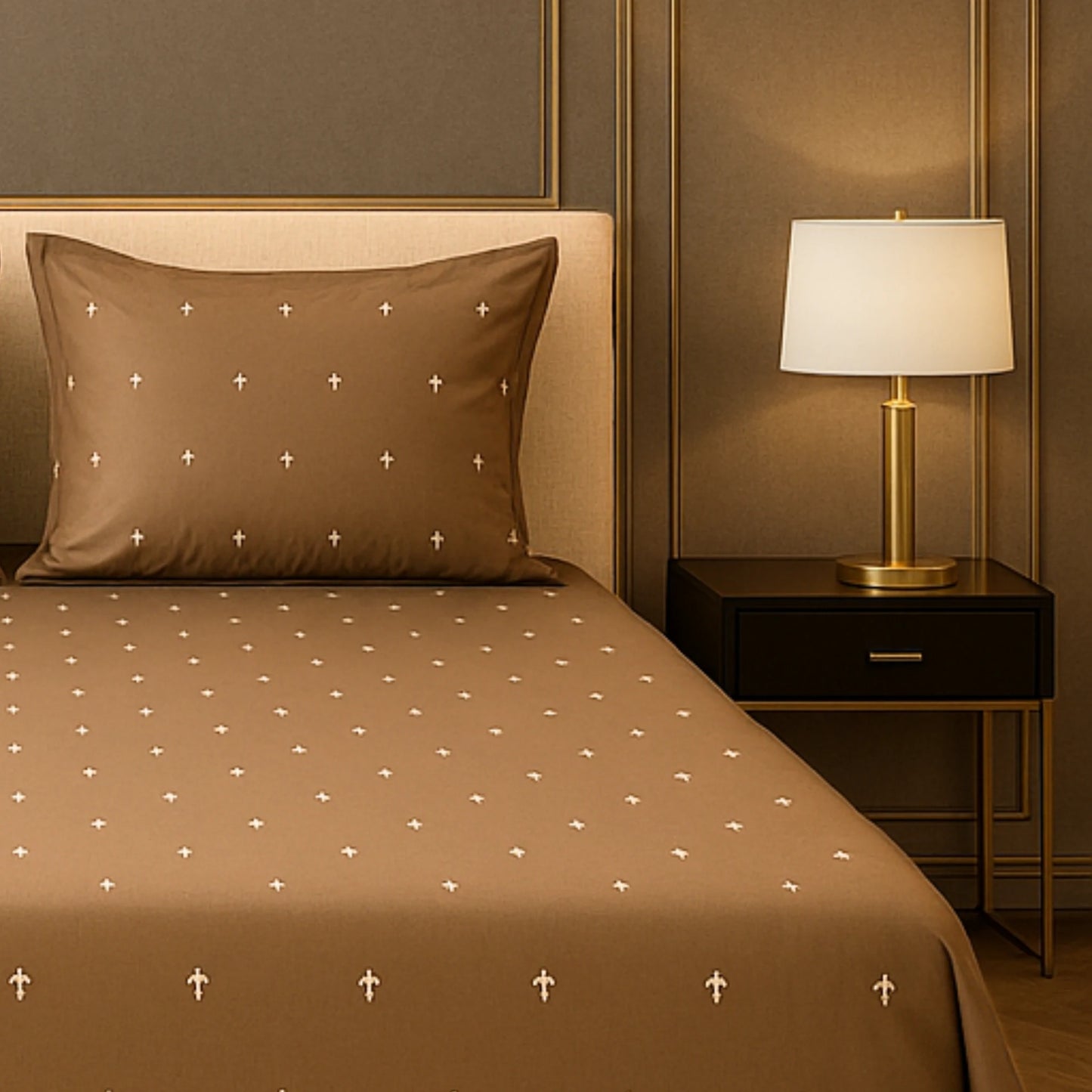 Brown 400TC Percale Hand Embroidered 100% Cotton Bedsheet