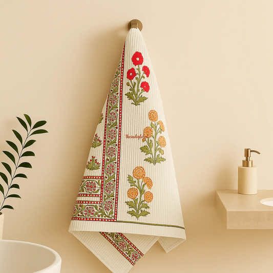 English Ivy Handblock Waffle Cotton Body Towel