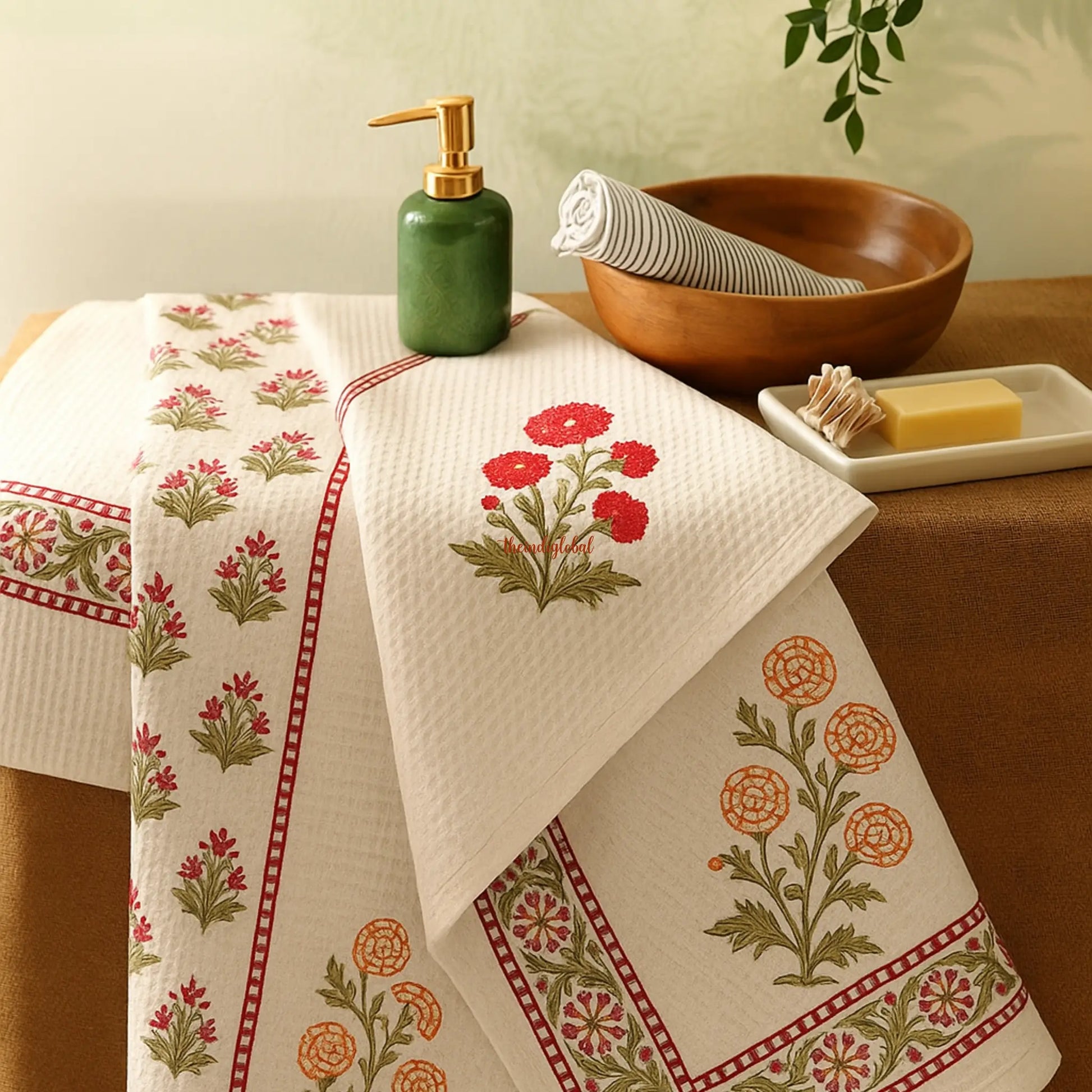 English Ivy Handblock Waffle Cotton Body Towel 3