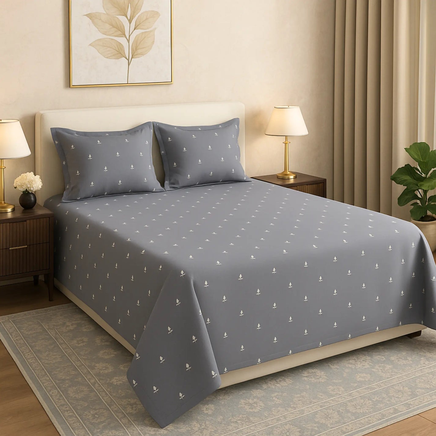 Grey 400TC Percale Hand Embroidered 100 Cotton Bedsheet 2