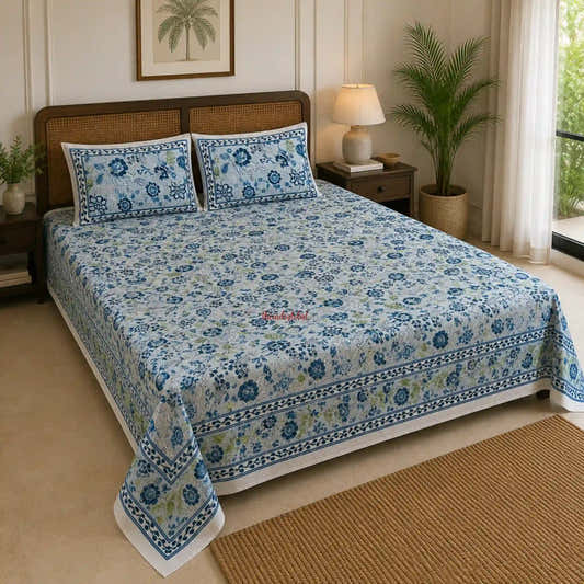 Grey_Blue_Hand_Block_Print_Cotton_Bedsheet_with_Two_Pillow_Covers