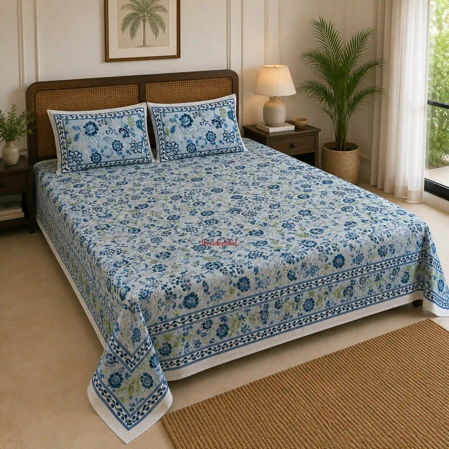 Grey_Blue_Hand_Block_Print_Cotton_Bedsheet_with_Two_Pillow_Covers