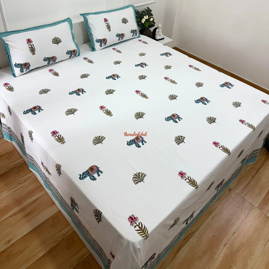 Ramya Hand Block Soft Cotton Bedsheet with 2 Pillow Covers 108*108 inches Gajanan