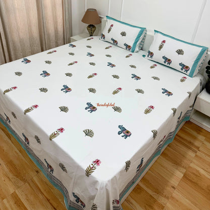 Ramya Hand Block Soft Cotton Bedsheet with 2 Pillow Covers 108*108 inches Gajanan